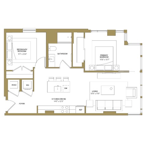 A floor plan of a house with a primary bedroom, secondary bedroom, living room, kitchen/dining area, foyer, bathroom, and laundry room.